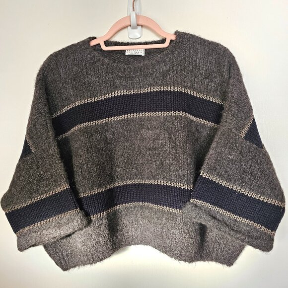 Brunello Cucinelli Alpaca Virgin Wool Metallic Stripe Cropped Sweater, XL, Grey - Picture 1 of 8